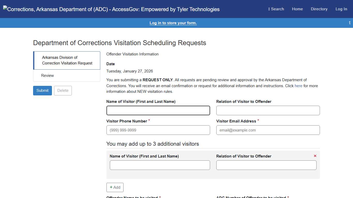 Department of Corrections Visitation Scheduling Requests: Corrections, Arkansas Department of (ADC)