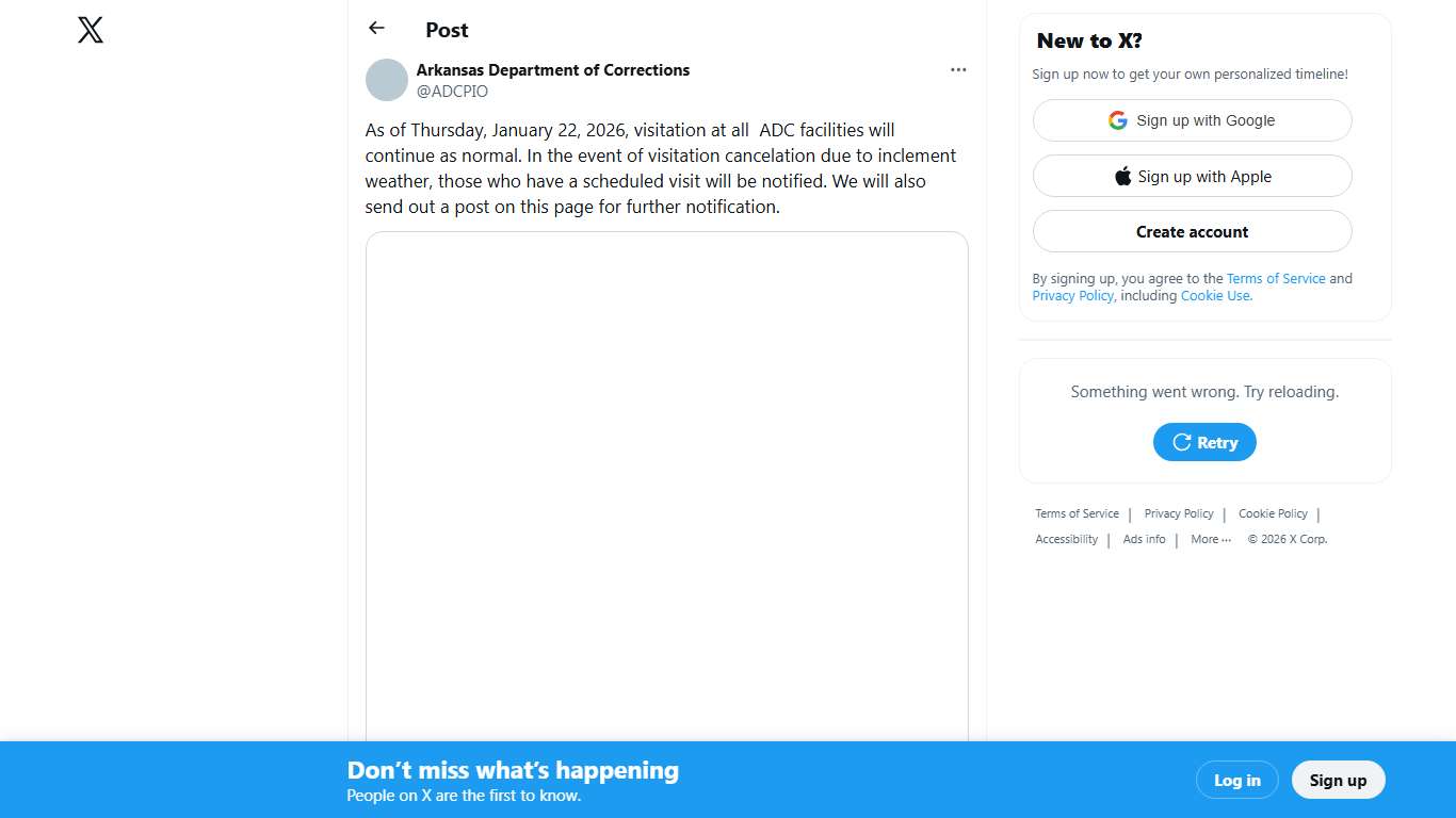 Arkansas Department of Corrections on X: "As of Thursday, January 22, 2026, visitation at all ADC facilities will continue as normal. In the event of visitation cancelation due to inclement weather, those who have a scheduled visit will be notified. We will also send out a post on this page for further notification. https://t.co/6pmgo6Apg2" / X